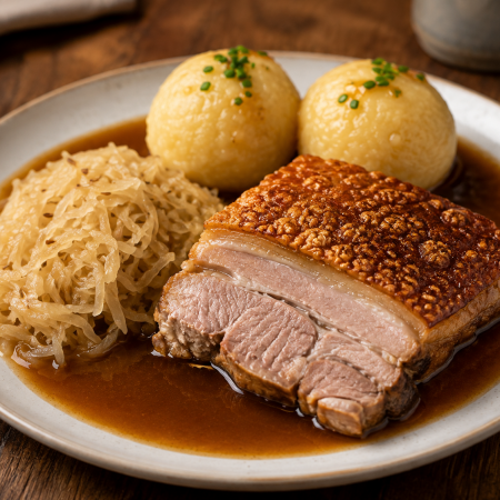 Krustenbraten mit Klößen, Sauerkraut und Soße